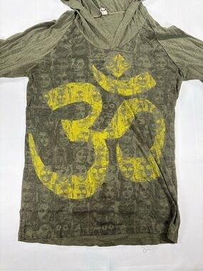 Om Graphic Hooded Tunic Women’s M Olive Green Boho Hippie Top